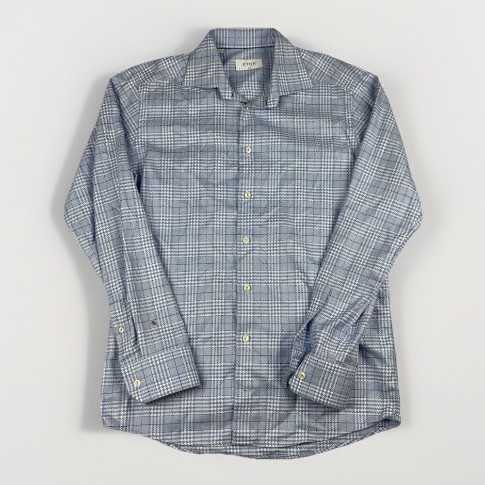 Eton Men’s Dress Shirt 40 15 1/3 Blue Houndstooth Plaid Button Up Read*